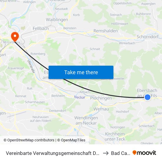 Vereinbarte Verwaltungsgemeinschaft Der Stadt Ebersbach An Der Fils to Bad Cannstatt map