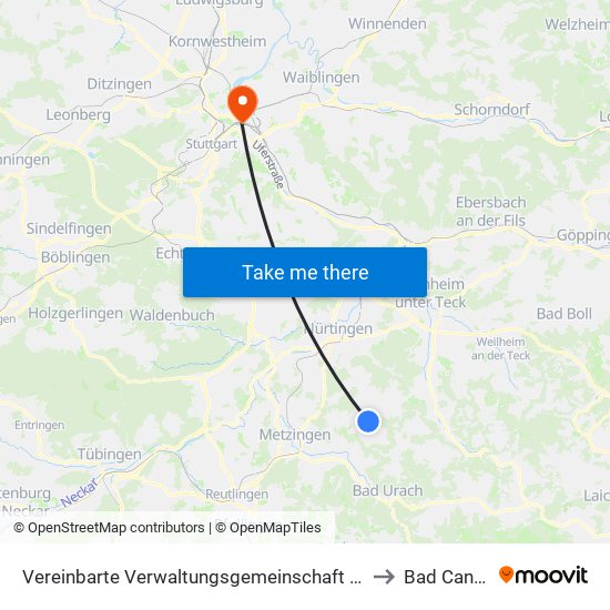 Vereinbarte Verwaltungsgemeinschaft Der Stadt Neuffen to Bad Cannstatt map
