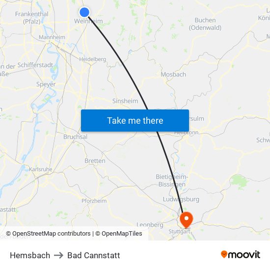 Hemsbach to Bad Cannstatt map