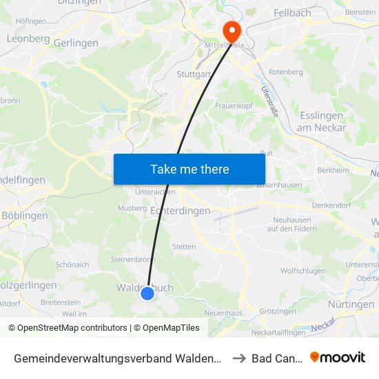 Gemeindeverwaltungsverband Waldenbuch/Steinenbronn to Bad Cannstatt map