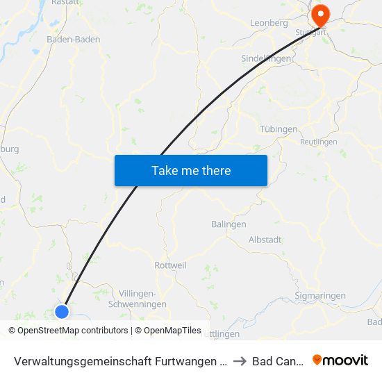 Verwaltungsgemeinschaft Furtwangen Im Schwarzwald to Bad Cannstatt map