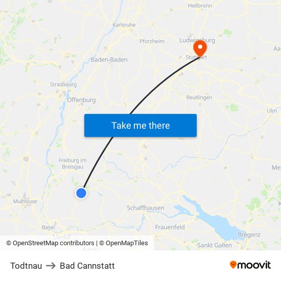 Todtnau to Bad Cannstatt map