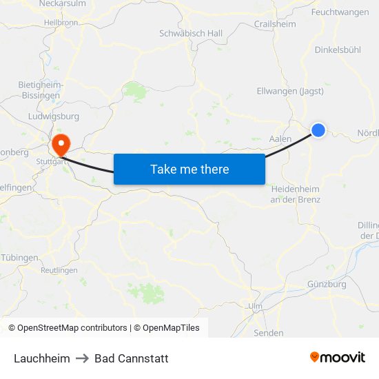 Lauchheim to Bad Cannstatt map