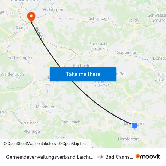 Gemeindeverwaltungsverband Laichinger Alb to Bad Cannstatt map