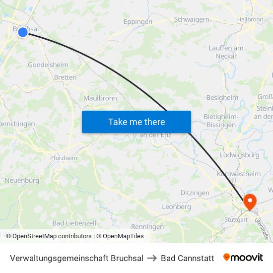 Verwaltungsgemeinschaft Bruchsal to Bad Cannstatt map