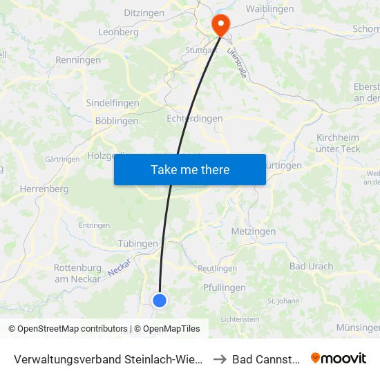 Verwaltungsverband Steinlach-Wiesaz to Bad Cannstatt map