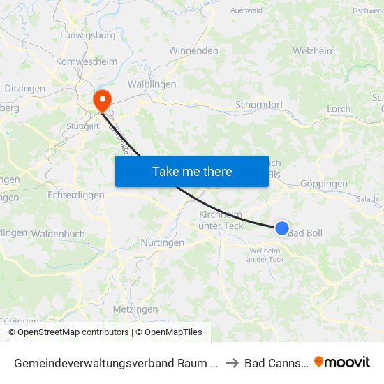 Gemeindeverwaltungsverband Raum Bad Boll to Bad Cannstatt map