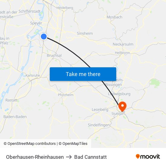 Oberhausen-Rheinhausen to Bad Cannstatt map