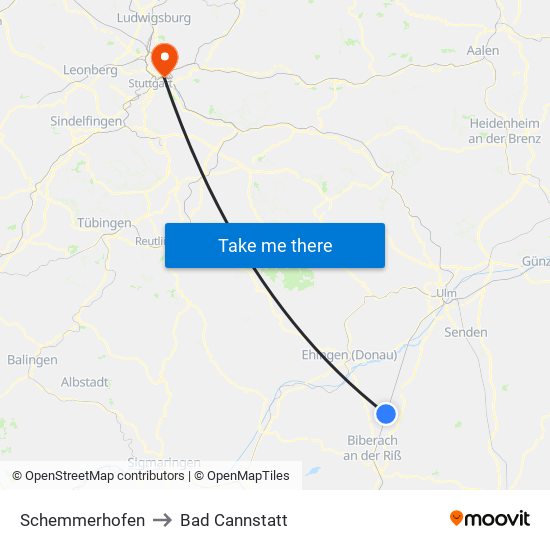 Schemmerhofen to Bad Cannstatt map