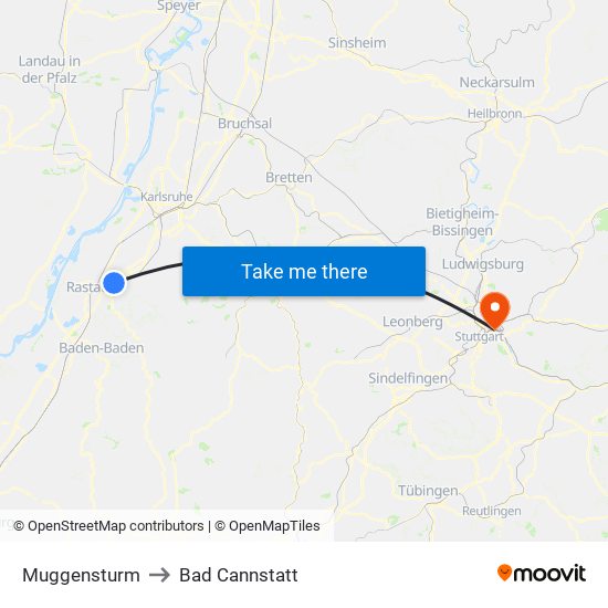 Muggensturm to Bad Cannstatt map