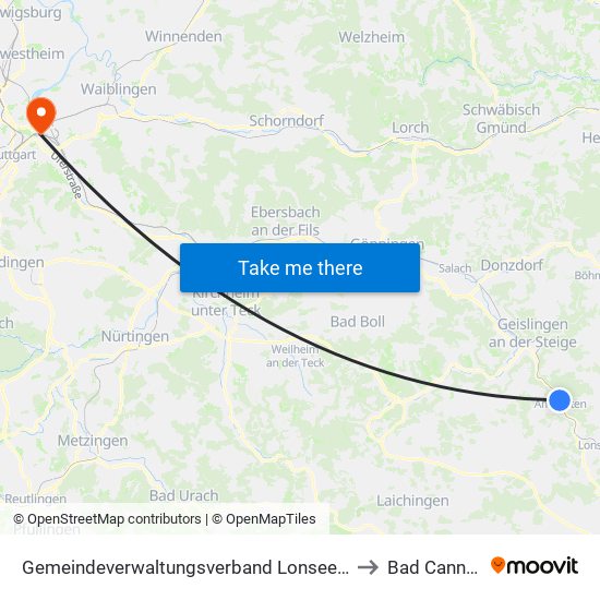 Gemeindeverwaltungsverband Lonsee-Amstetten to Bad Cannstatt map