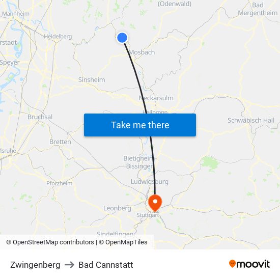 Zwingenberg to Bad Cannstatt map