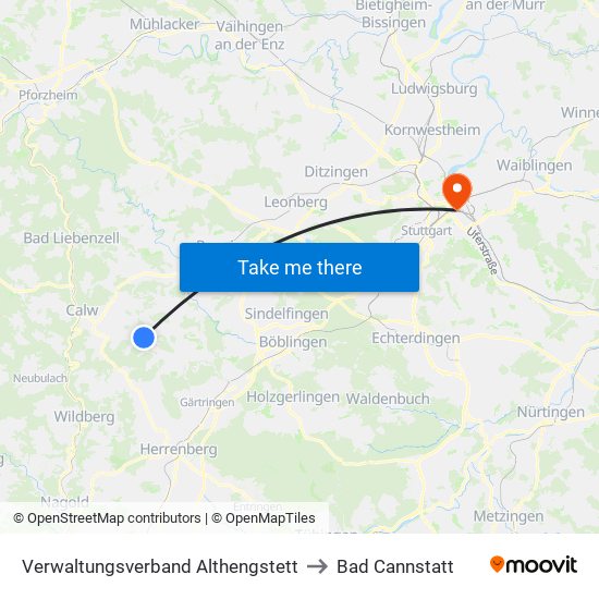 Verwaltungsverband Althengstett to Bad Cannstatt map