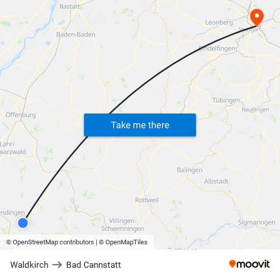 Waldkirch to Bad Cannstatt map