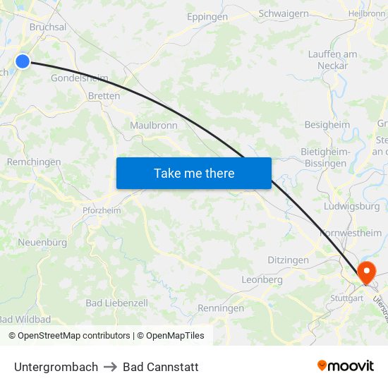 Untergrombach to Bad Cannstatt map