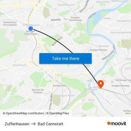 Zuffenhausen to Bad Cannstatt map