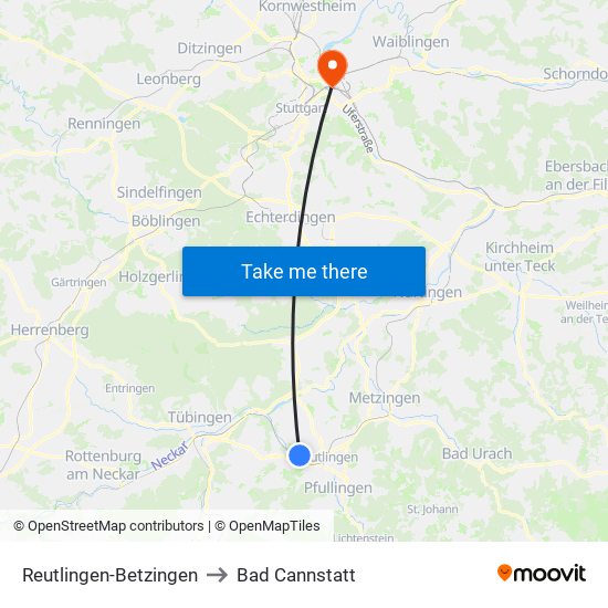 Reutlingen-Betzingen to Bad Cannstatt map