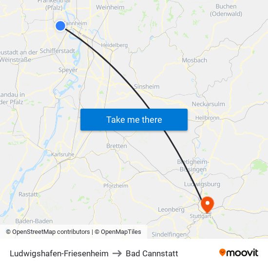 Ludwigshafen-Friesenheim to Bad Cannstatt map