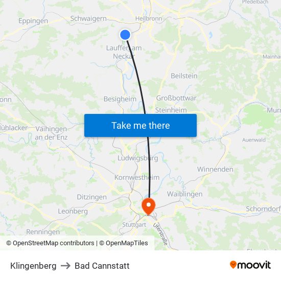 Klingenberg to Bad Cannstatt map
