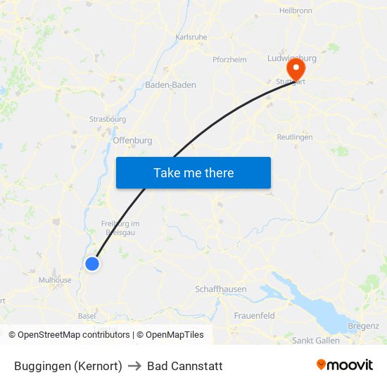 Buggingen (Kernort) to Bad Cannstatt map