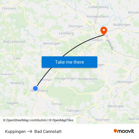 Kuppingen to Bad Cannstatt map