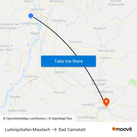 Ludwigshafen-Maudach to Bad Cannstatt map