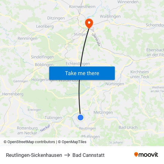 Reutlingen-Sickenhausen to Bad Cannstatt map