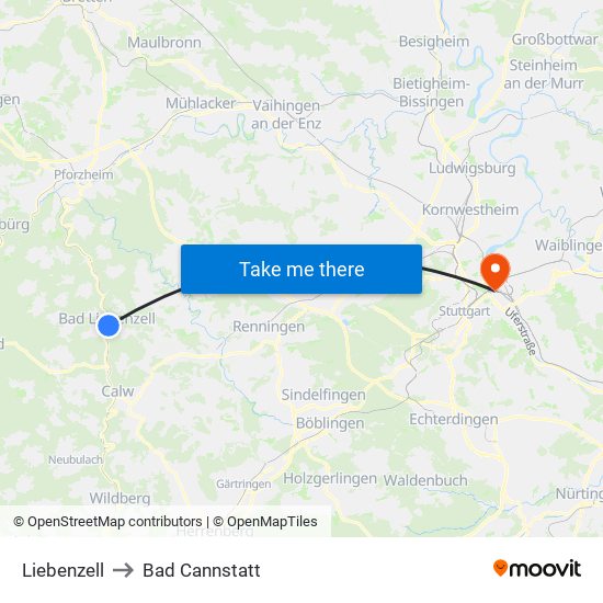 Liebenzell to Bad Cannstatt map