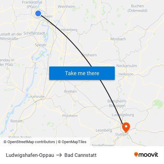Ludwigshafen-Oppau to Bad Cannstatt map