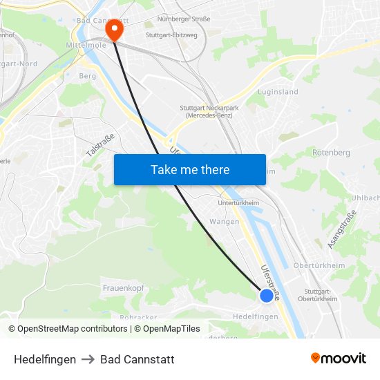 Hedelfingen to Bad Cannstatt map