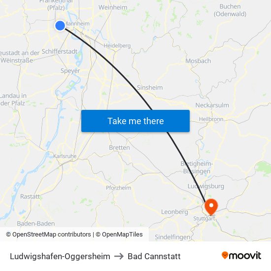 Ludwigshafen-Oggersheim to Bad Cannstatt map