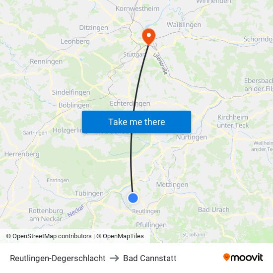 Reutlingen-Degerschlacht to Bad Cannstatt map