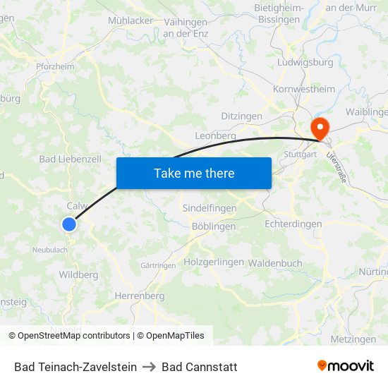 Bad Teinach-Zavelstein to Bad Cannstatt map
