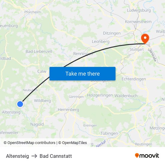 Altensteig to Bad Cannstatt map