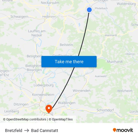 Bretzfeld to Bad Cannstatt map