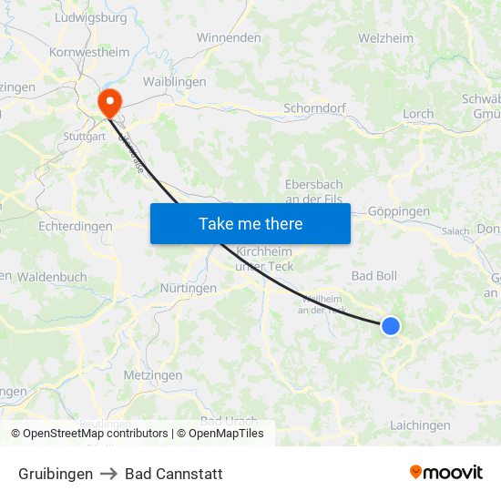 Gruibingen to Bad Cannstatt map