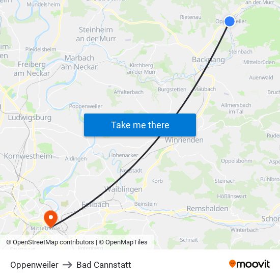 Oppenweiler to Bad Cannstatt map