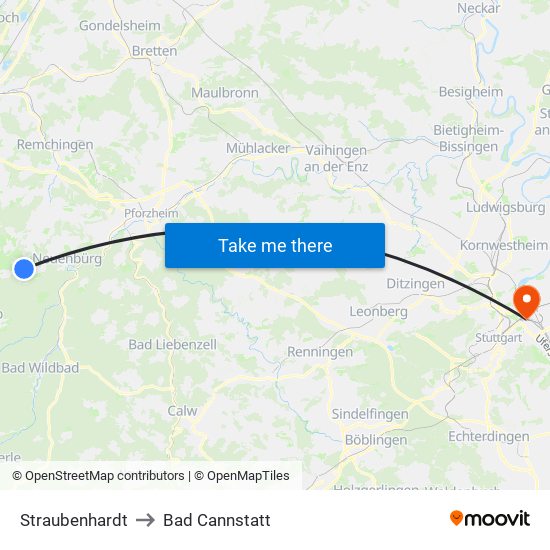 Straubenhardt to Bad Cannstatt map