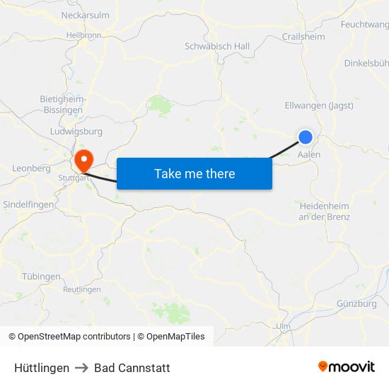 Hüttlingen to Bad Cannstatt map