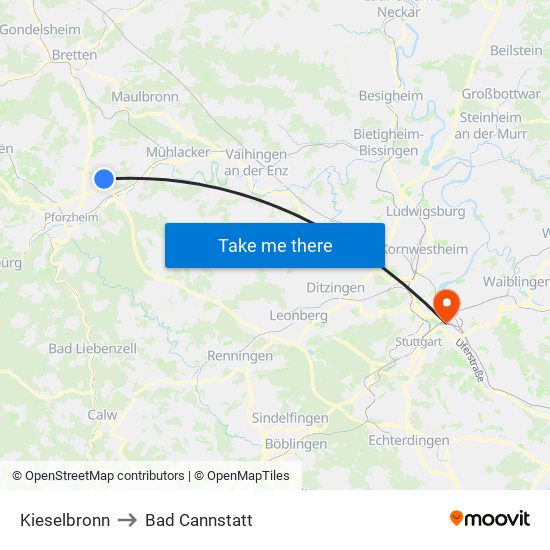 Kieselbronn to Bad Cannstatt map