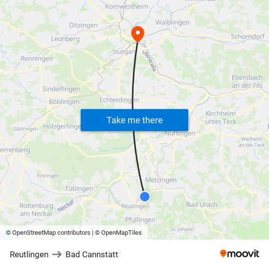 Reutlingen to Bad Cannstatt map