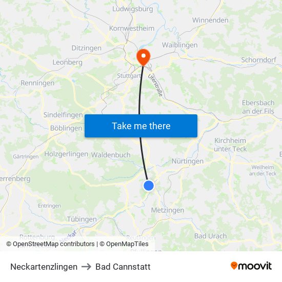 Neckartenzlingen to Bad Cannstatt map