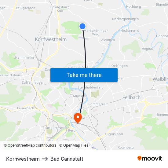 Kornwestheim to Bad Cannstatt map