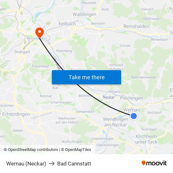 Wernau (Neckar) to Bad Cannstatt map