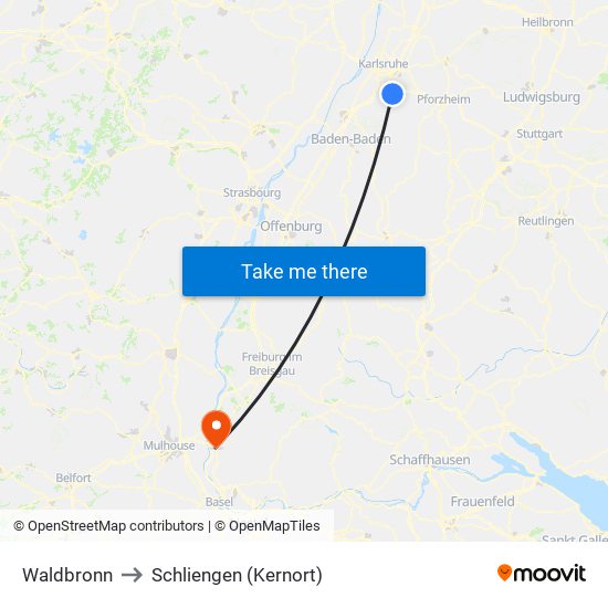 Waldbronn to Schliengen (Kernort) map