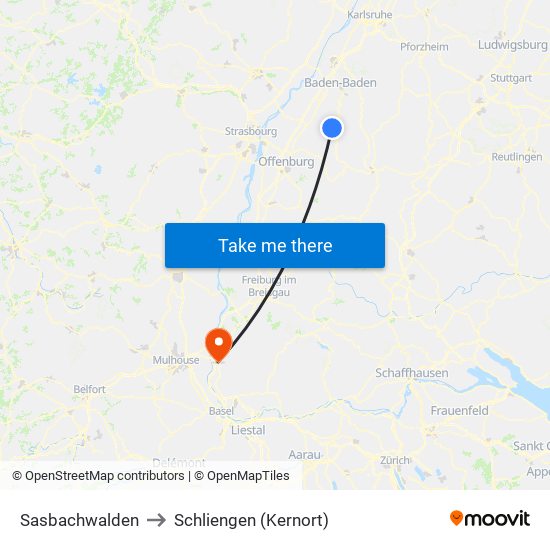 Sasbachwalden to Schliengen (Kernort) map