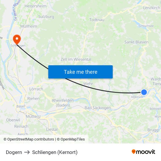 Dogern to Schliengen (Kernort) map