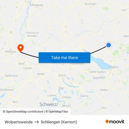 Wolpertswende to Schliengen (Kernort) map