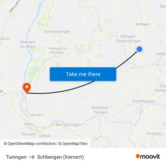 Tuningen to Schliengen (Kernort) map