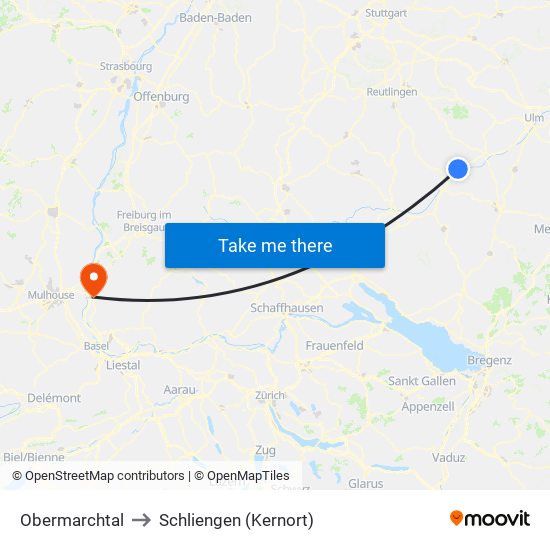 Obermarchtal to Schliengen (Kernort) map